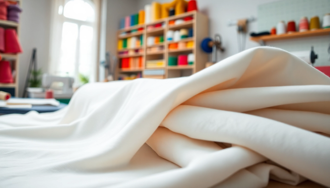 Katoen stoffen in verschillende kleuren en texturen, over een serene achtergrond van naaigereedschap.