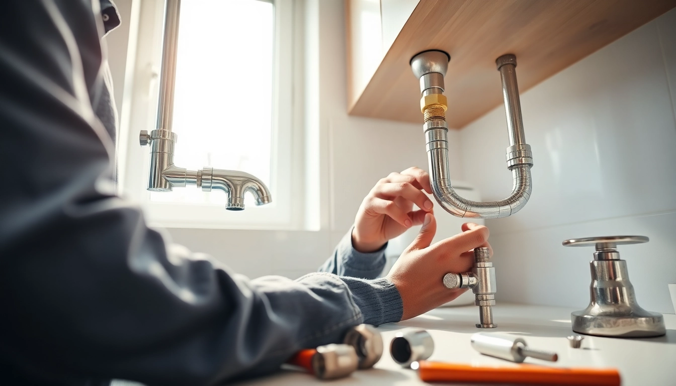 Plumbing technician repairing pipes in a bright kitchen, showcasing plumbing tools and clean fixtures.