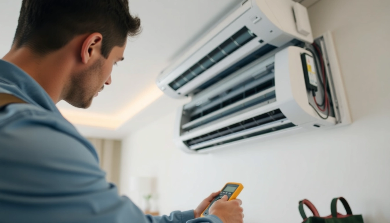 Technician providing ac repair mesa az services with professional tools in a modern home.